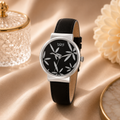 Burgi Sparkling Flower Quartz Black Dial Ladies Watch