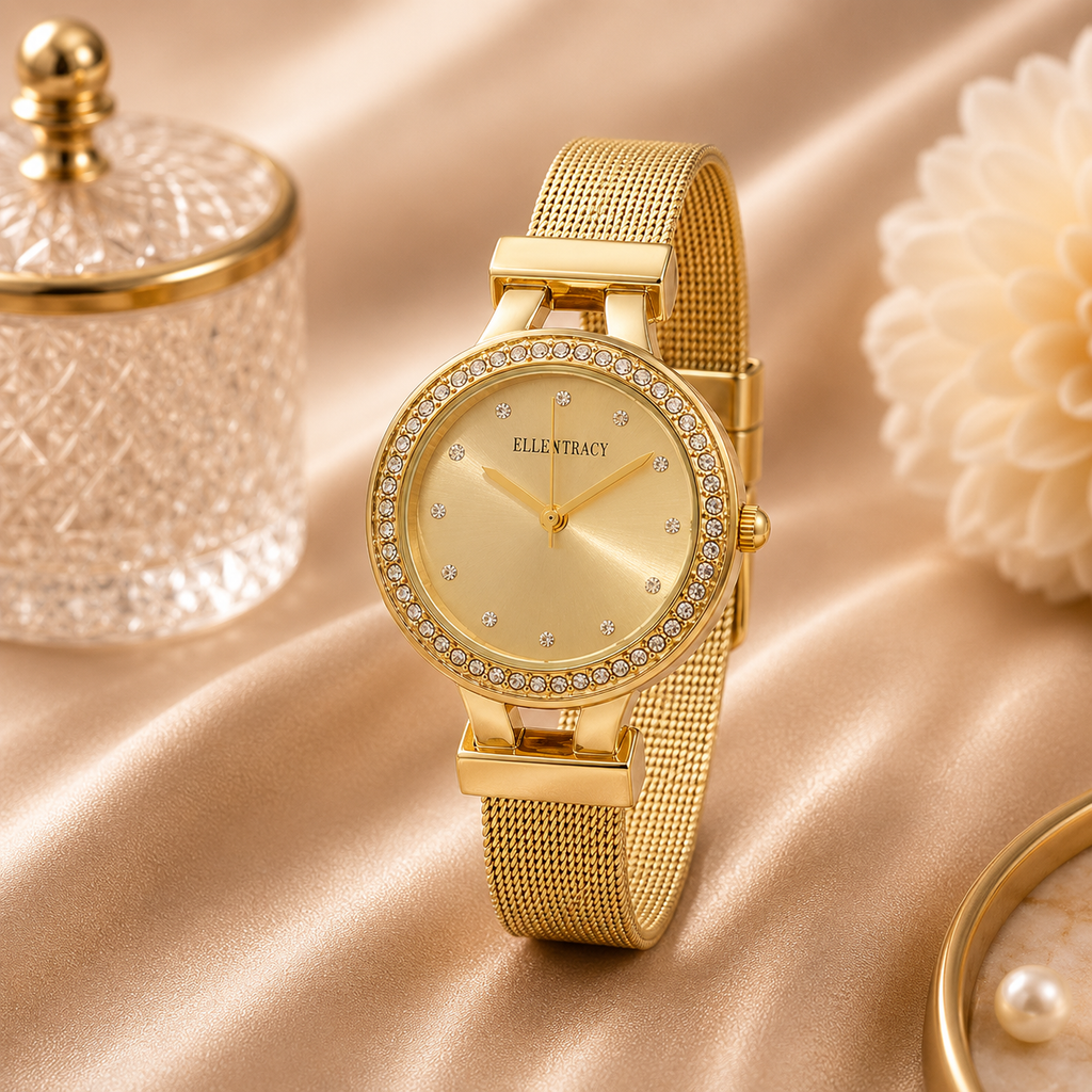 Ellen Tracy Quartz Crystal Champagne Dial Ladies Watch