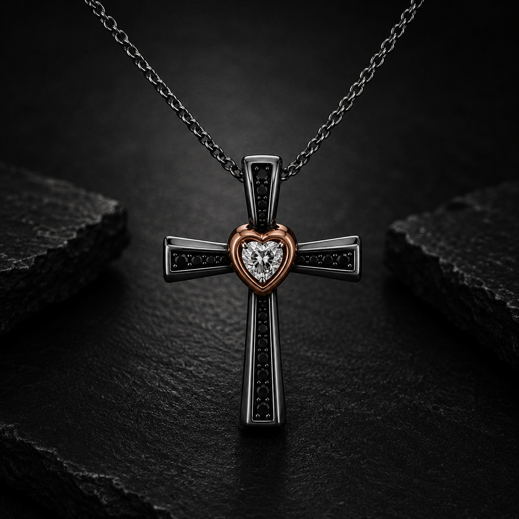 Haus Of Brilliance 14K Rose Gold Plated Sterling Silver Black Rhodium Diamond Accent Heart Cross Pendant Necklace
