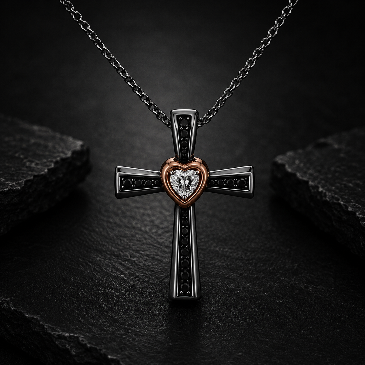 Haus Of Brilliance 14K Rose Gold Plated Sterling Silver Black Rhodium Diamond Accent Heart Cross Pendant Necklace