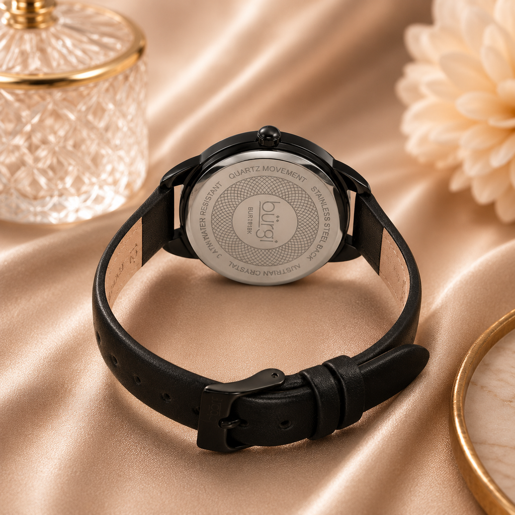 Burgi Quartz Crystal Black Dial Ladies Watch