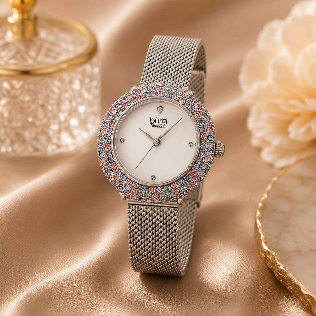 Burgi Quartz Diamond Silver Dial Ladies Watch