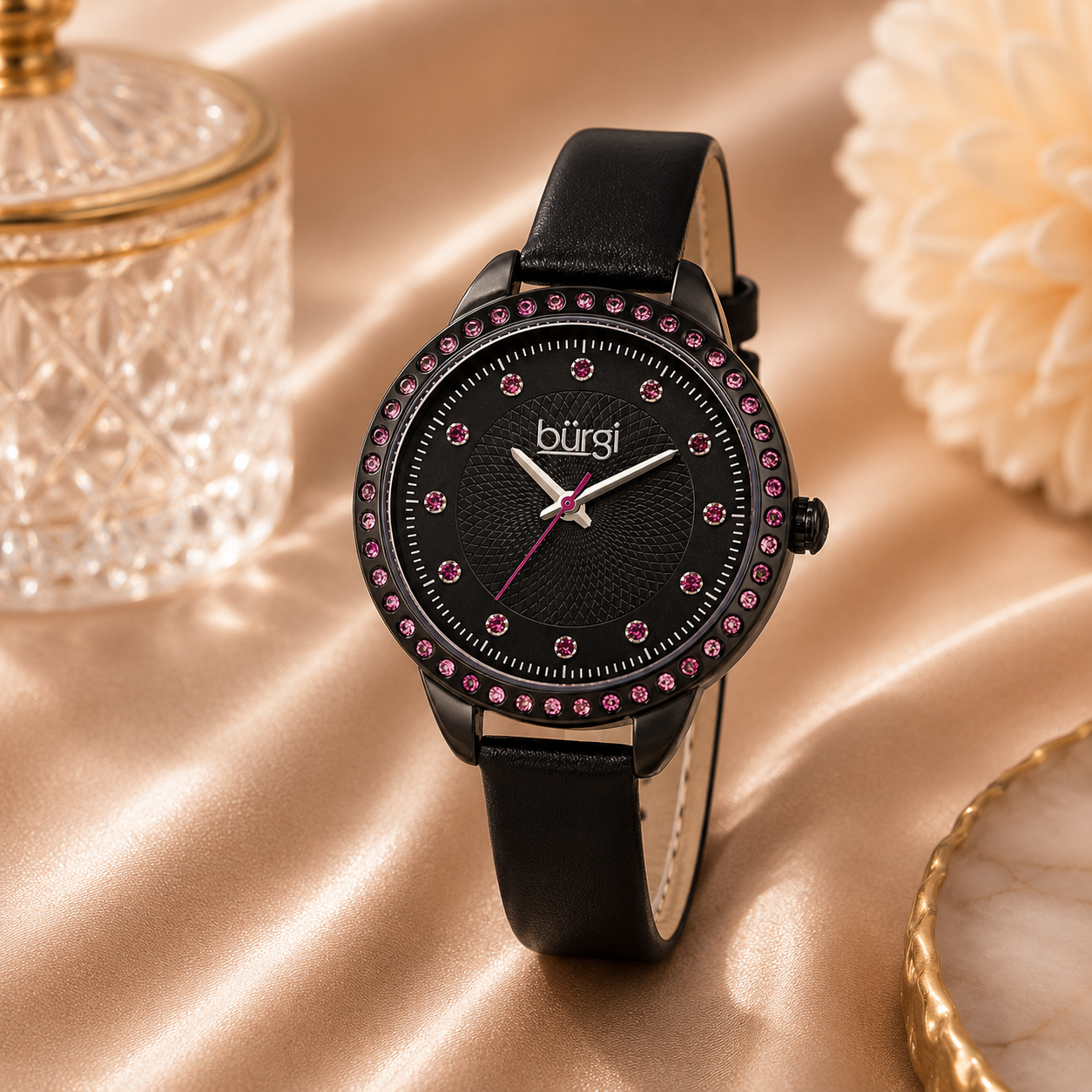 Burgi Quartz Crystal Black Dial Ladies Watch
