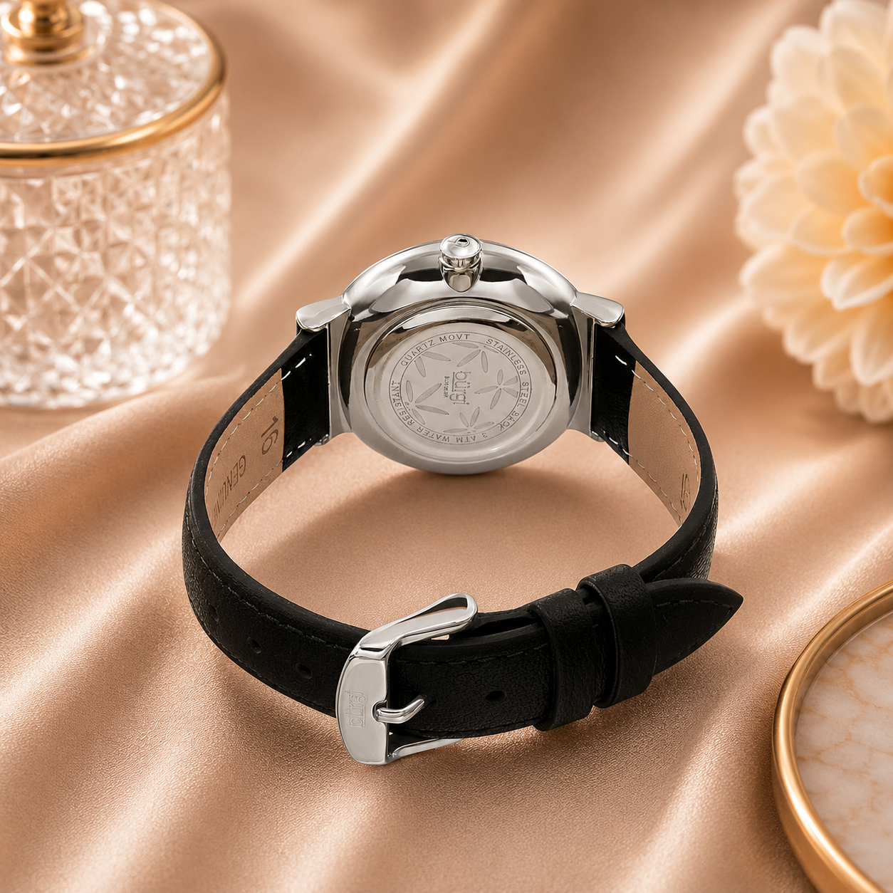 Burgi Sparkling Flower Quartz Black Dial Ladies Watch