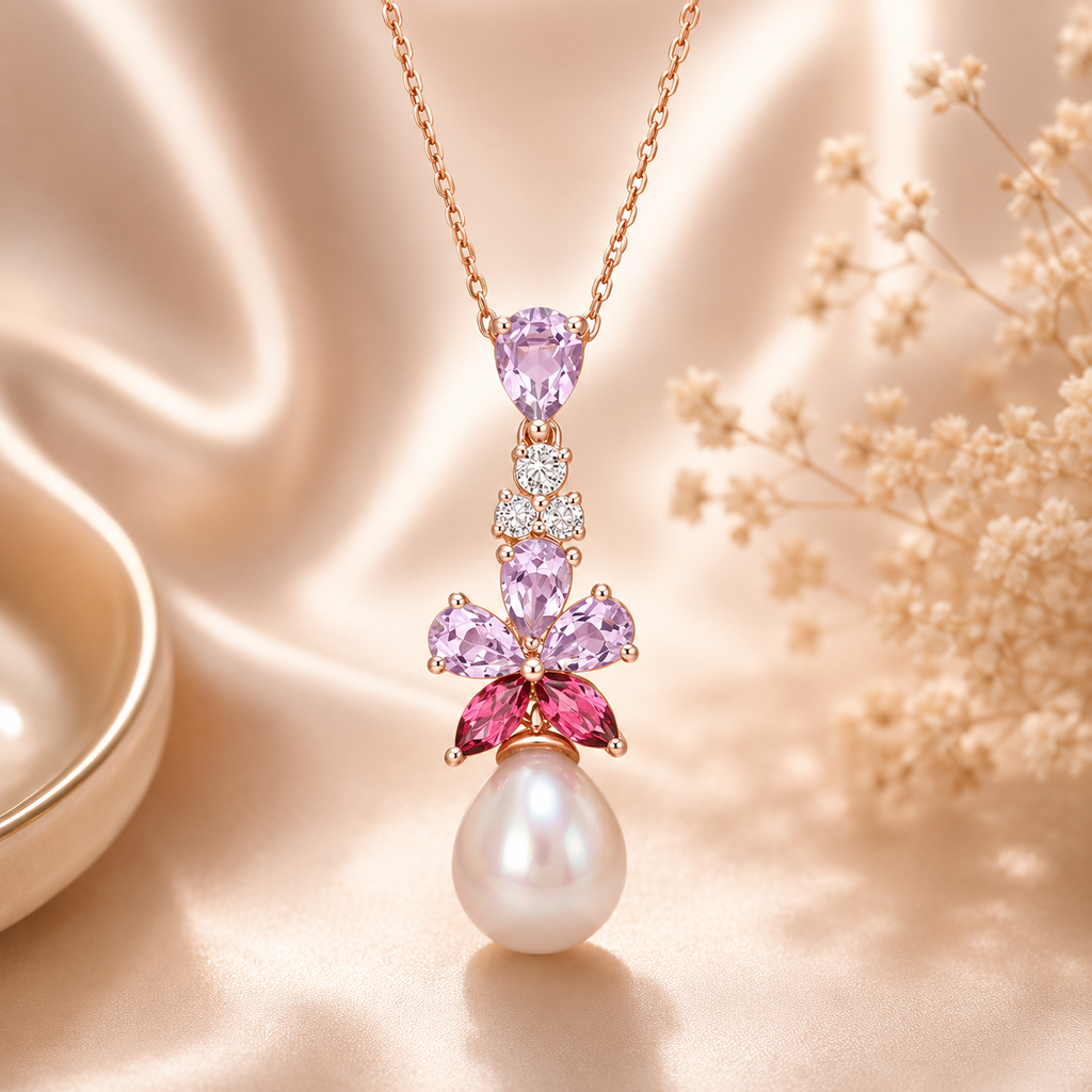Amour 9.5-10mm Pink Freshwater Cultured Pearl 2 3/8 CT TGW Rose De France and White and Pink Topaz Floral Drop Pendant In Rose Plated Sterling Silver