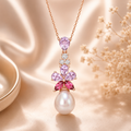 Amour 9.5-10mm Pink Freshwater Cultured Pearl 2 3/8 CT TGW Rose De France and White and Pink Topaz Floral Drop Pendant In Rose Plated Sterling Silver
