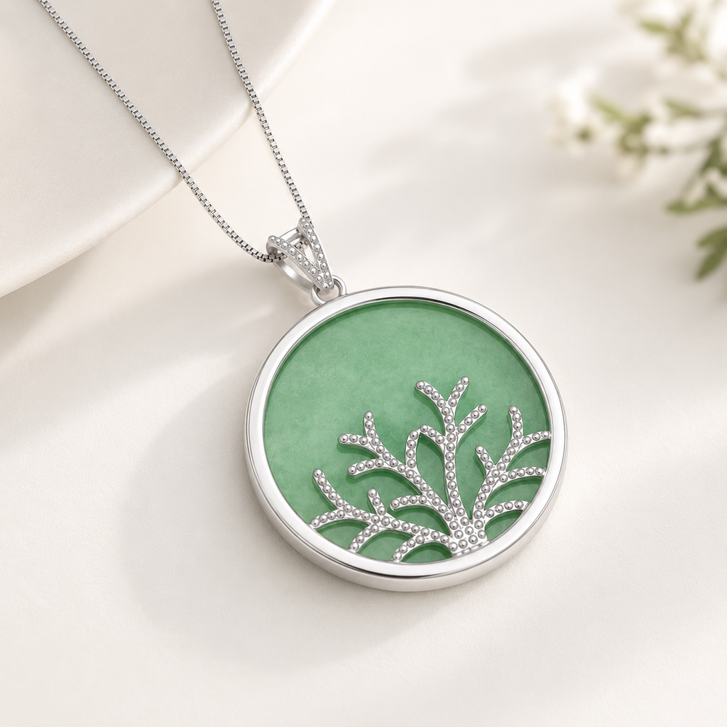 Belacqua Natural Green Jade Tree of Life Pendant Necklace in Sterling Silver, 18 Inches Box Chain, Gift Box Included
