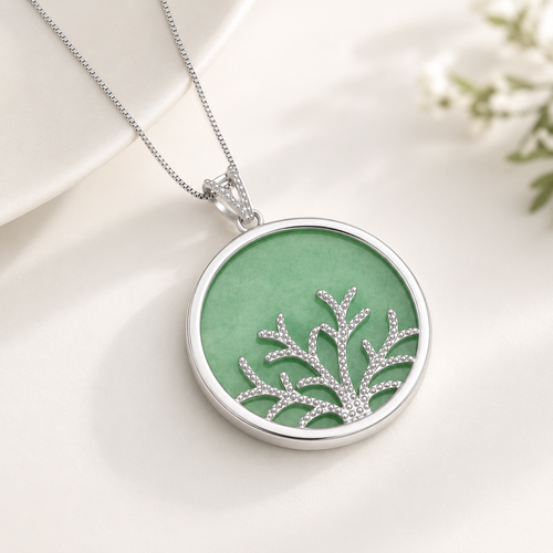 Belacqua Natural Green Jade Tree of Life Pendant Necklace in Sterling Silver, 18 Inches Box Chain, Gift Box Included
