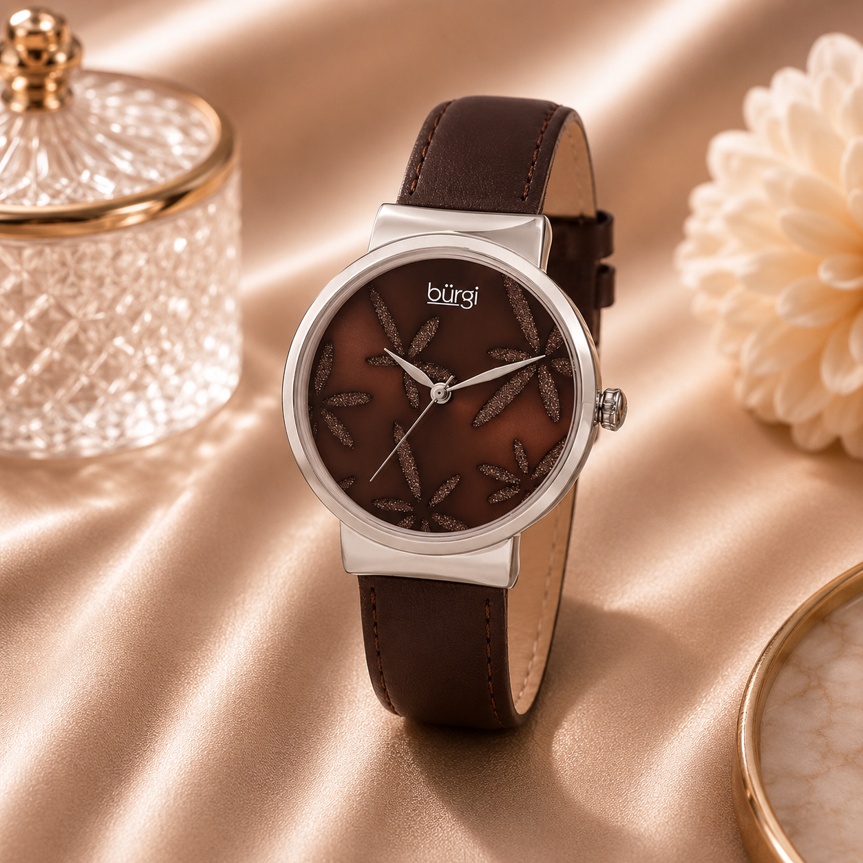Burgi Sparkling Flower Quartz Brown Dial Ladies Watch