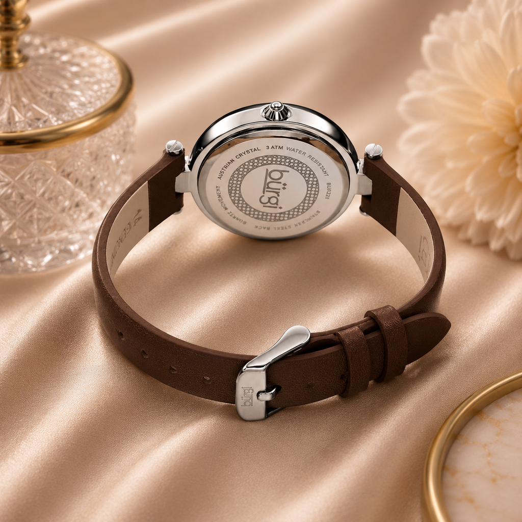 Burgi Ladies Glitter Ombre Swarovski Crystal Dial Genuine Leather Strap Watch