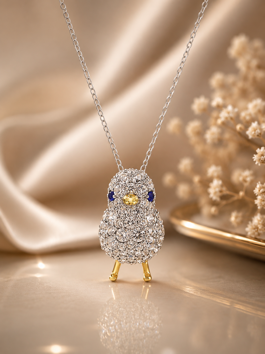 Amour  2 3/4 CT TGW Created Blue and White Sapphire Chick Necklace In 2-Tone White and Yellow Plated Sterling Silver
