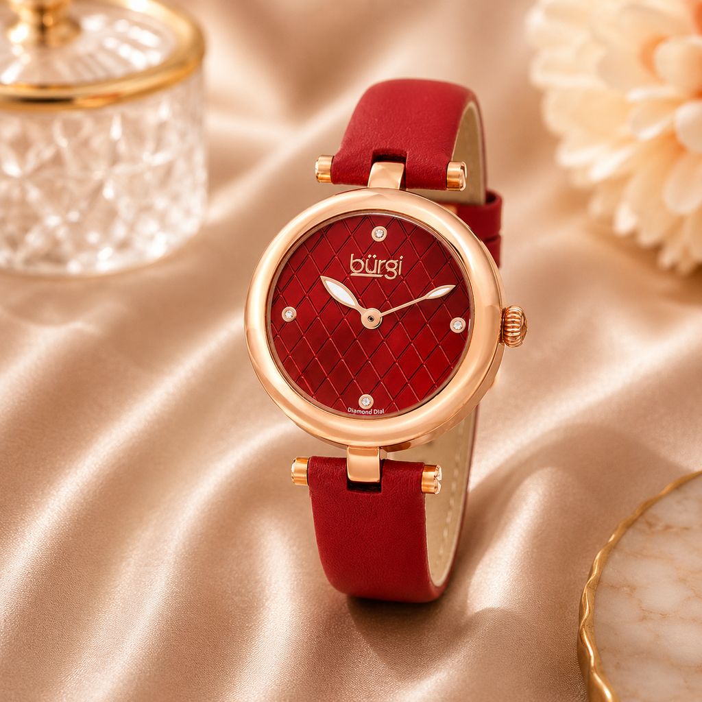 Burgi Quartz Diamond Red Dial Red Leather Ladies Watch