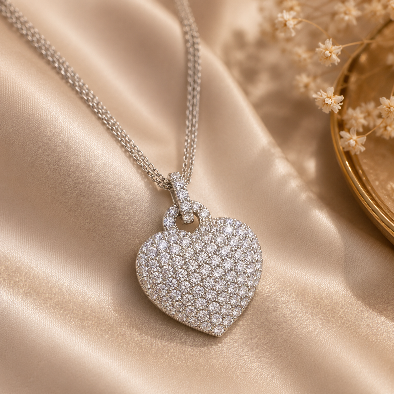 Amour 3 1/2 CT TGW Created White Sapphire Heart Pendant with Triple-Strand Chain In Sterling Silver
