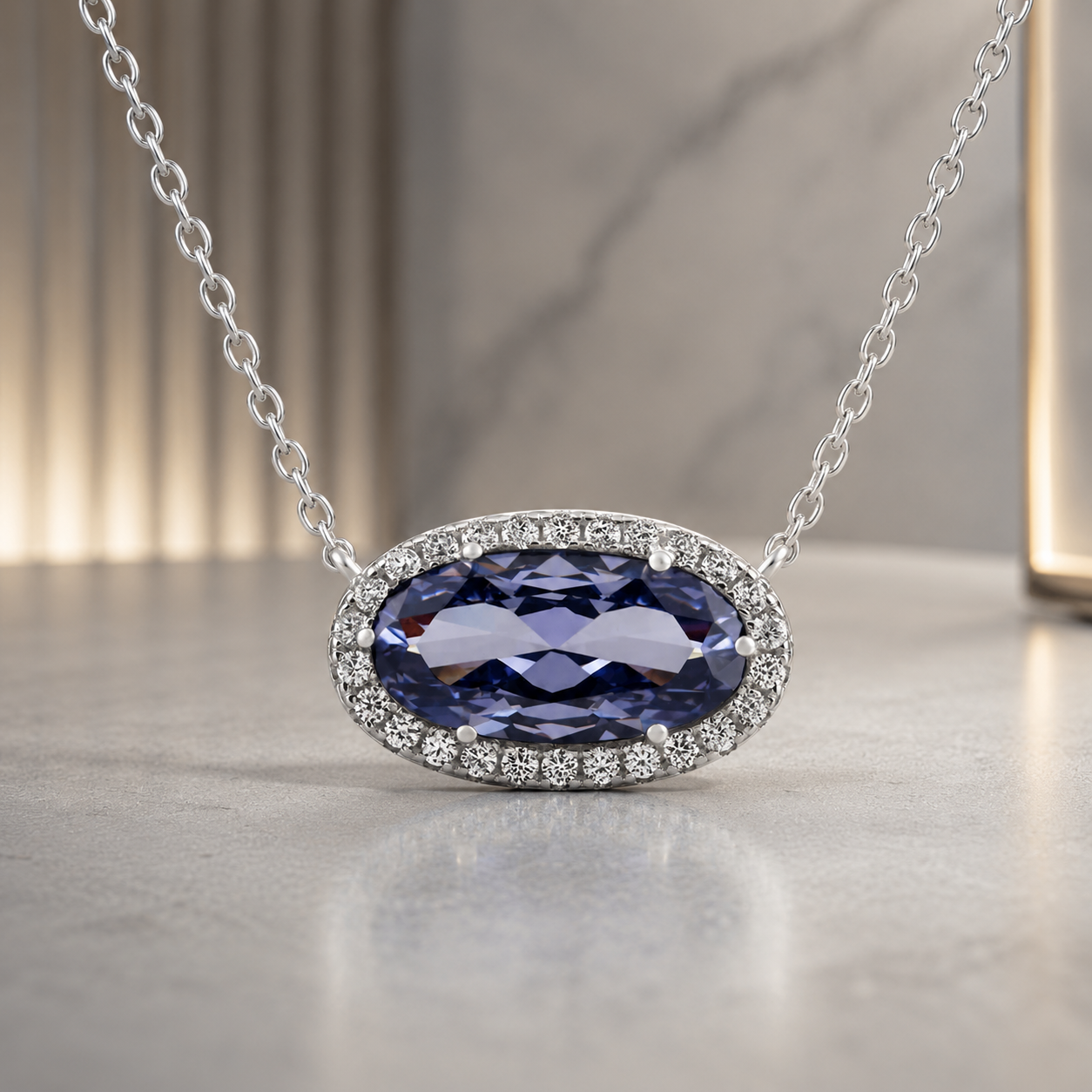 Belacqua Tanzanite December Birthstone Halo Pendant Necklace in Sterling Silver, Oval Cut 6*12mm