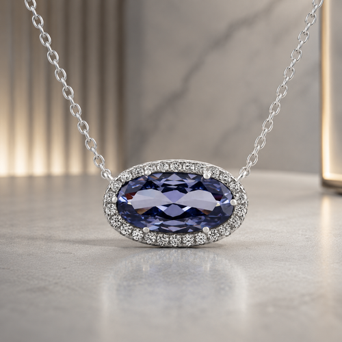 Belacqua Tanzanite December Birthstone Halo Pendant Necklace in Sterling Silver, Oval Cut 6*12mm