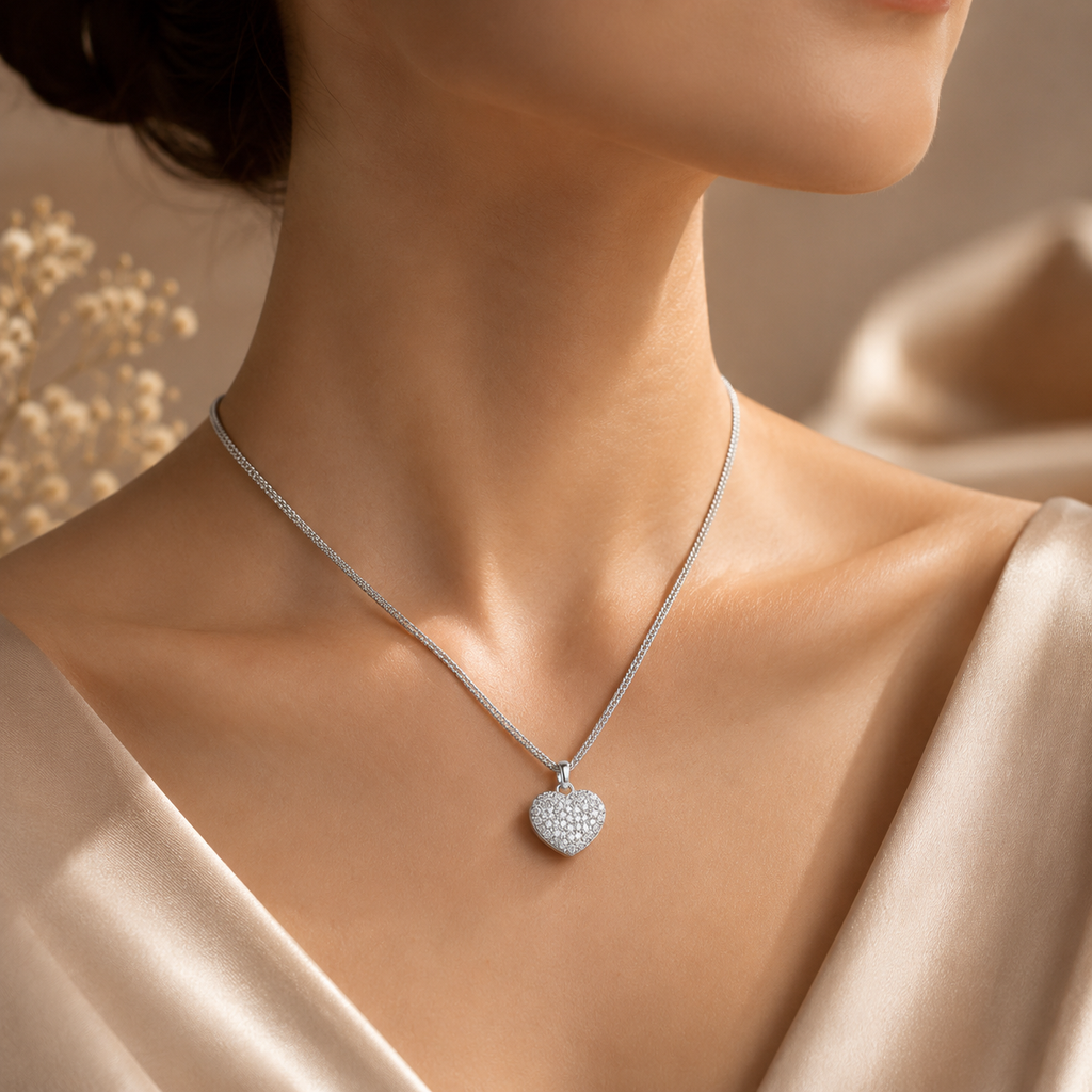 Amour 3 1/2 CT TGW Created White Sapphire Heart Pendant with Triple-Strand Chain In Sterling Silver