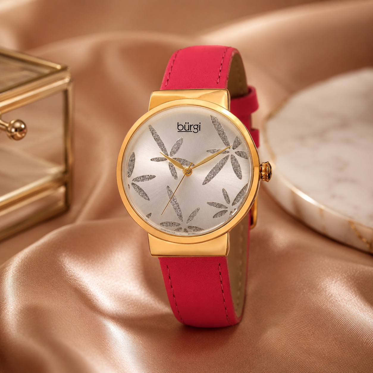 Burgi Sparkling Flower Quartz Silver Dial Ladies Watch
