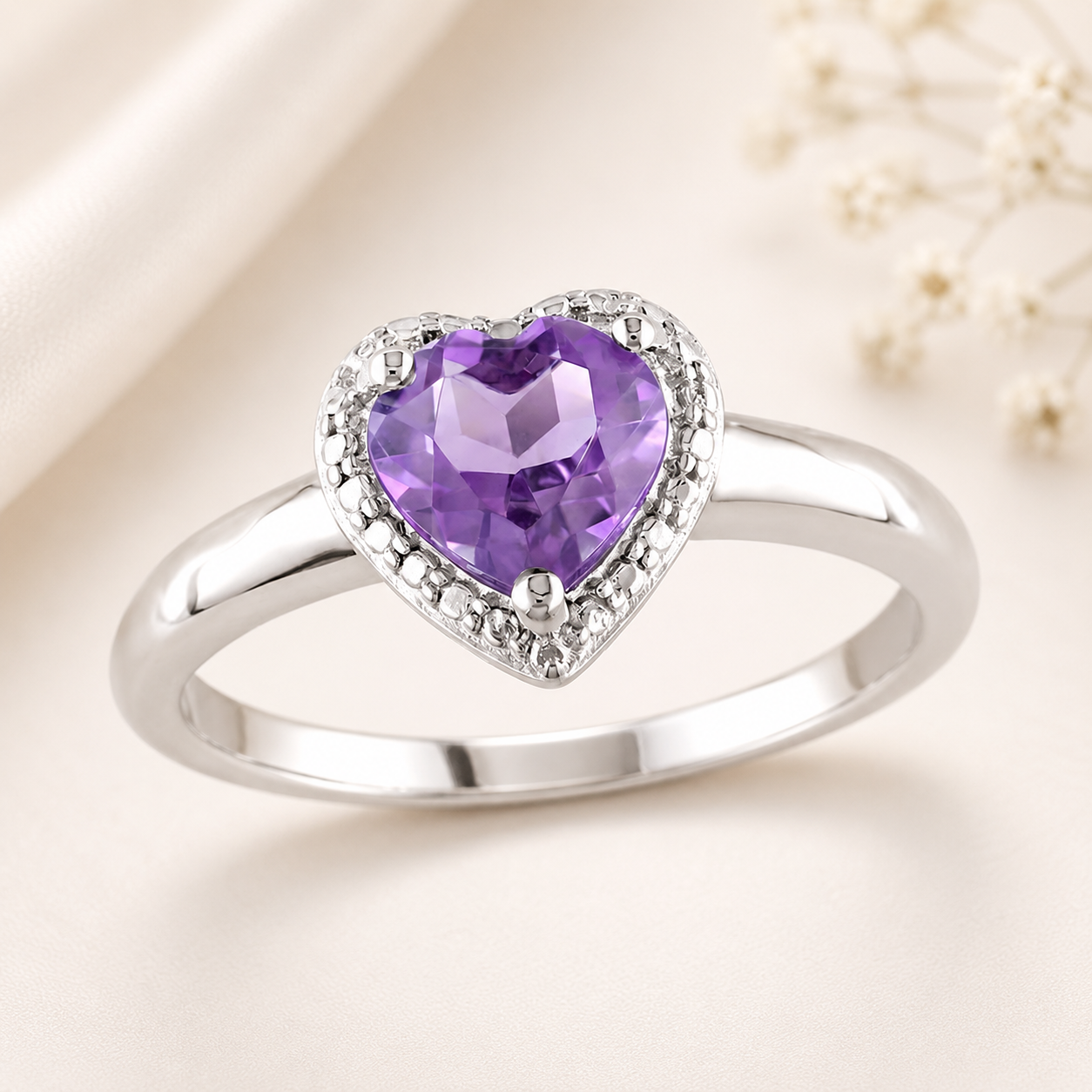 Amour Amethyst Heart Halo Ring In Sterling Silver