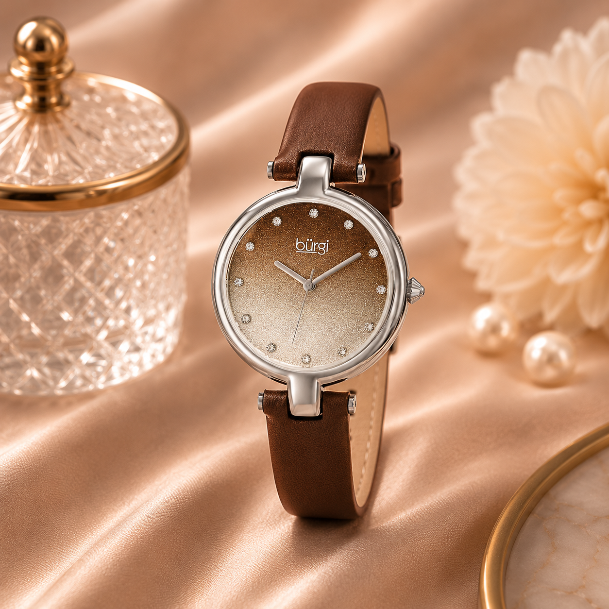 Burgi Ladies Glitter Ombre Swarovski Crystal Dial Genuine Leather Strap Watch