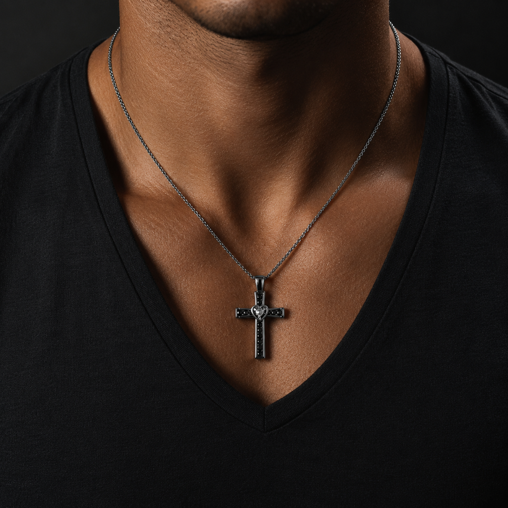 Haus Of Brilliance 14K Rose Gold Plated Sterling Silver Black Rhodium Diamond Accent Heart Cross Pendant Necklace