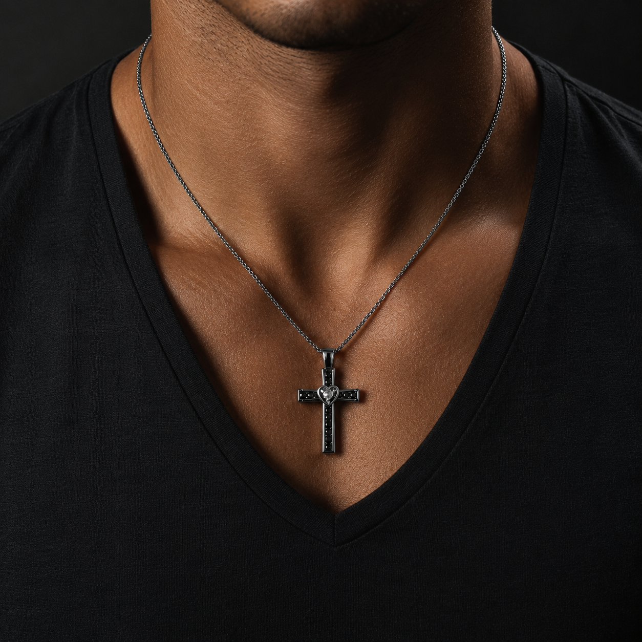 Haus Of Brilliance 14K Rose Gold Plated Sterling Silver Black Rhodium Diamond Accent Heart Cross Pendant Necklace
