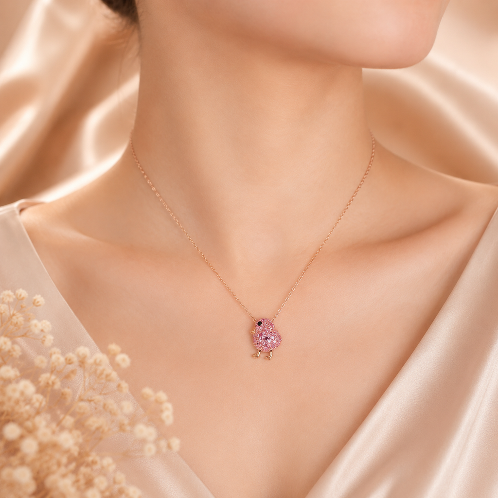 Amour  2 3/8 CT TGW Created Blue and Pink Sapphire Cluster Bird Necklace In 2-Tone Rose and Yellow Plated Sterling Silver
