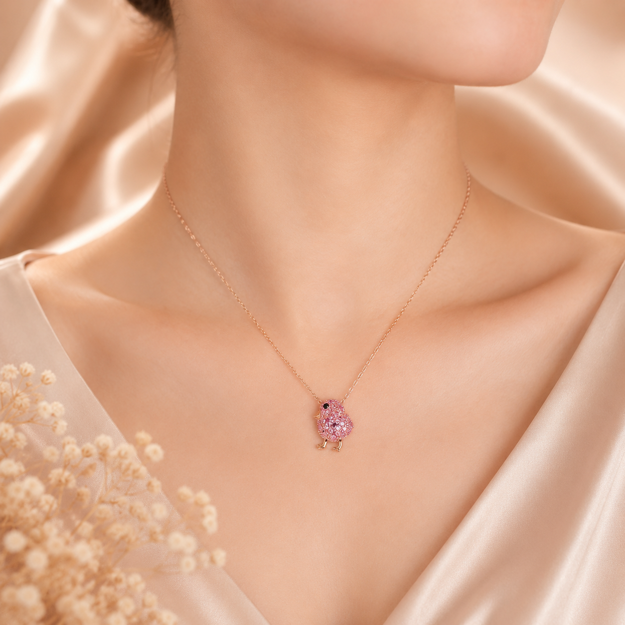 Amour  2 3/8 CT TGW Created Blue and Pink Sapphire Cluster Bird Necklace In 2-Tone Rose and Yellow Plated Sterling Silver