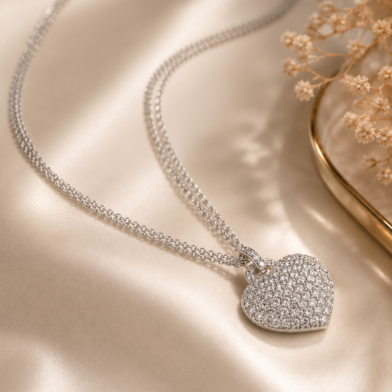Amour 3 1/2 CT TGW Created White Sapphire Heart Pendant with Triple-Strand Chain In Sterling Silver