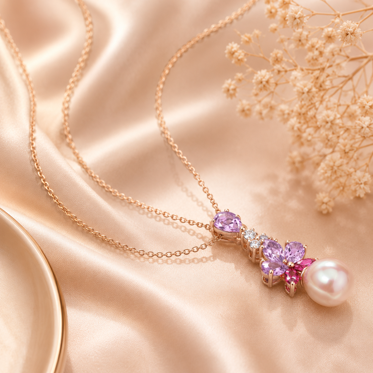 Amour 9.5-10mm Pink Freshwater Cultured Pearl 2 3/8 CT TGW Rose De France and White and Pink Topaz Floral Drop Pendant In Rose Plated Sterling Silver