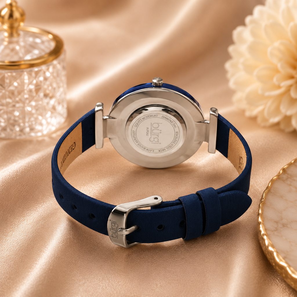Burgi Faceted Crystal Bezel Diamond Blue Dial Ladies Watch