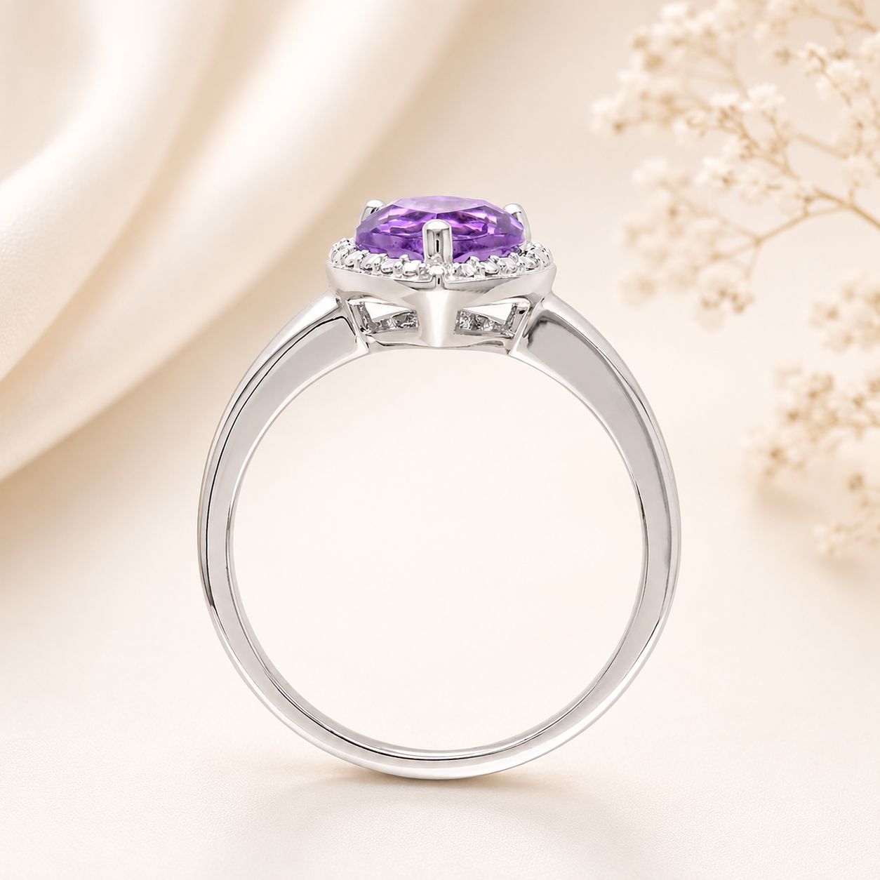 Amour Amethyst Heart Halo Ring In Sterling Silver