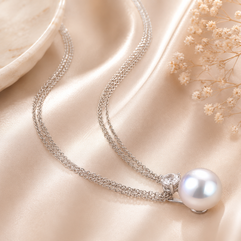 Amour  11-12mm Cultured Freshwater Pearl and 5/8 CT TGW White Topaz Pendant with Chain In Sterling Silver