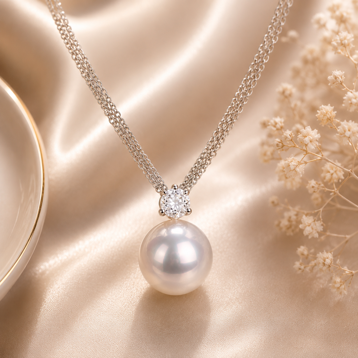 Amour  11-12mm Cultured Freshwater Pearl and 5/8 CT TGW White Topaz Pendant with Chain In Sterling Silver