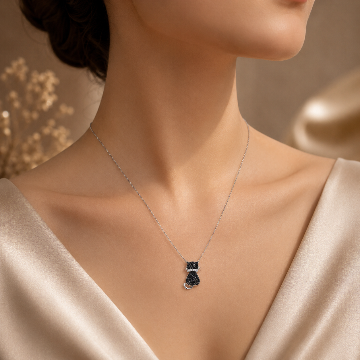 Amour  Black Spinel and Created White Sapphire Kitty Cat Pendant with Chain In Sterling Silver with Black Rhodium