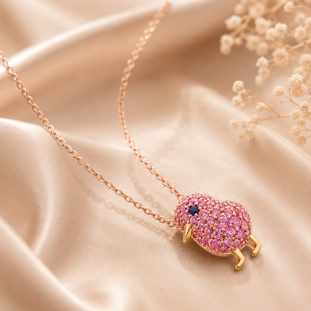 Amour  2 3/8 CT TGW Created Blue and Pink Sapphire Cluster Bird Necklace In 2-Tone Rose and Yellow Plated Sterling Silver