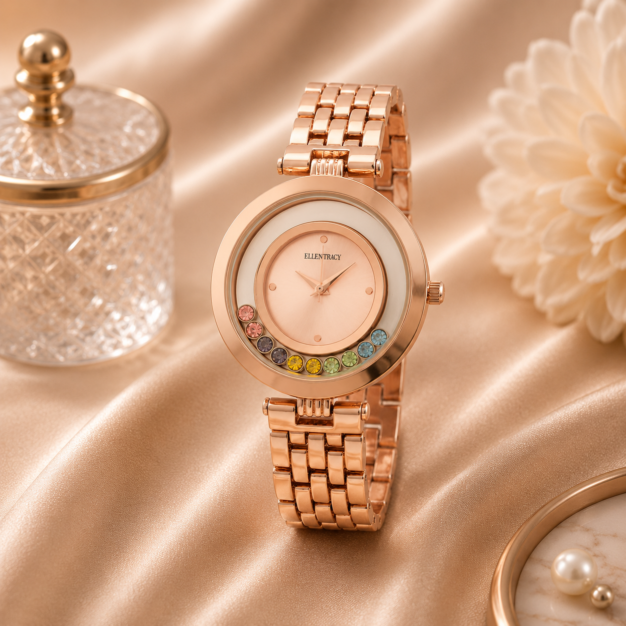 Ellen Tracy Quartz Crystal Rose Dial Ladies Watch