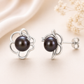 Amour  7.5-8mm Black Freshwater Cultured Pearl and White Topaz Floral Stud