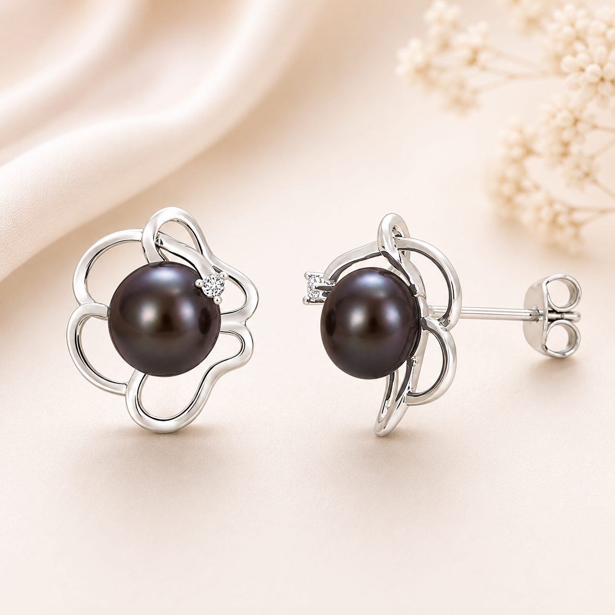 Amour  7.5-8mm Black Freshwater Cultured Pearl and White Topaz Floral Stud
