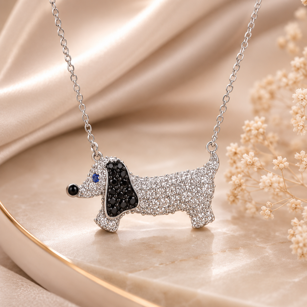 Amour  1 1/2 CT TGW Created Blue and White Sapphire Black Spinel Dog Necklace In Sterling Silver