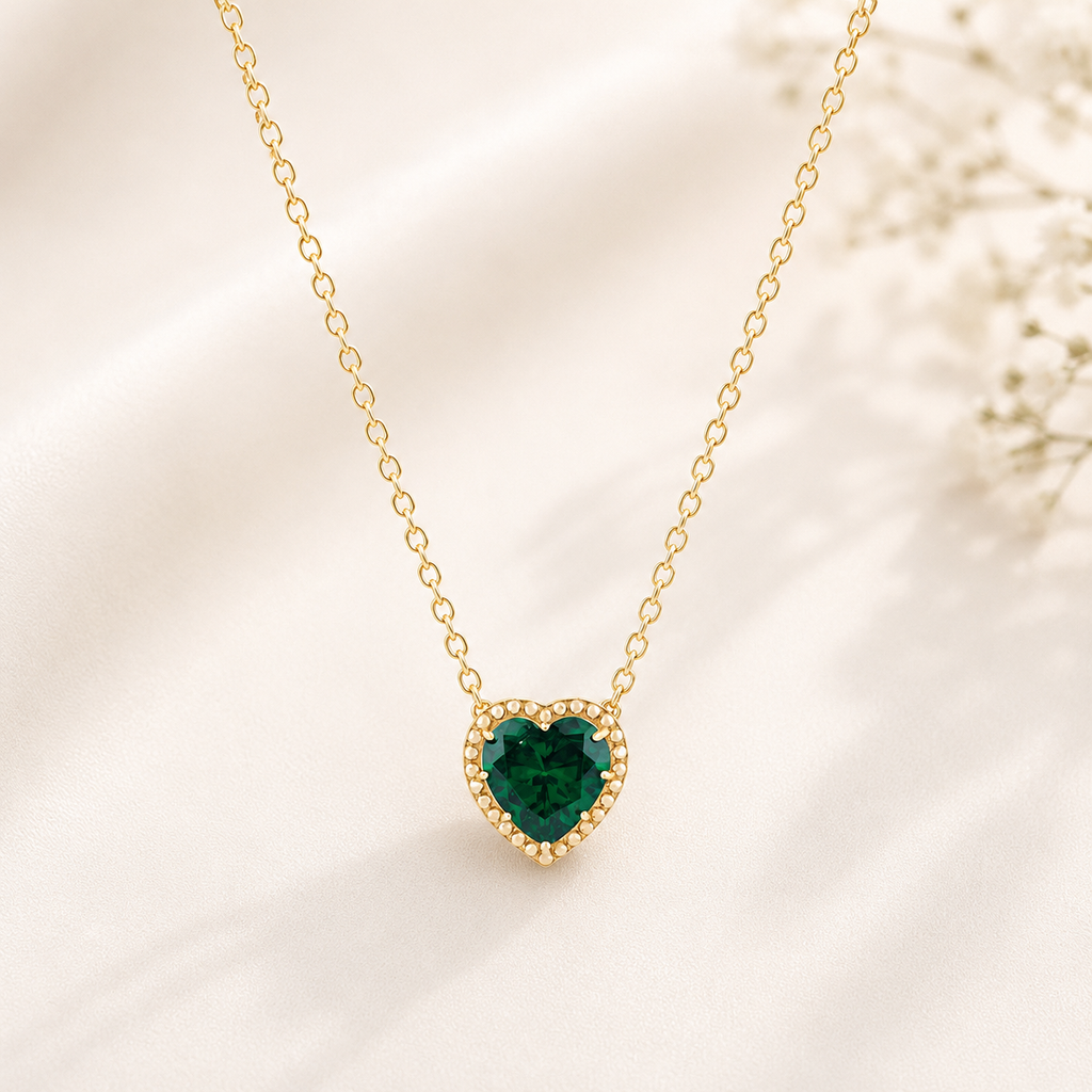 Belacqua Emerald May Birthstone Heart Pendant Necklace in 14K Gold Plated Sterling Silver