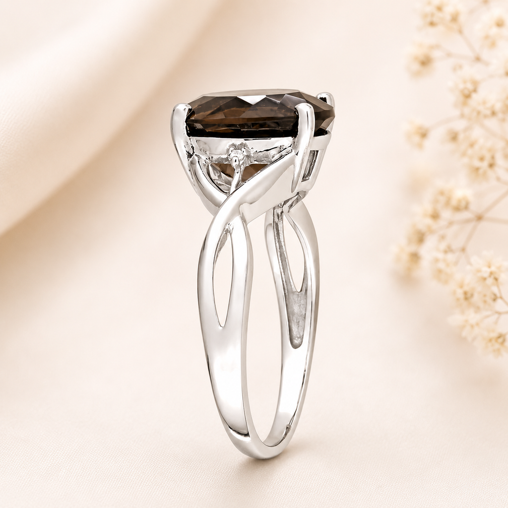 Amour 3 3/4 CT TGW Oval Cut Smokey Quartz and Diamond Accent Ring In