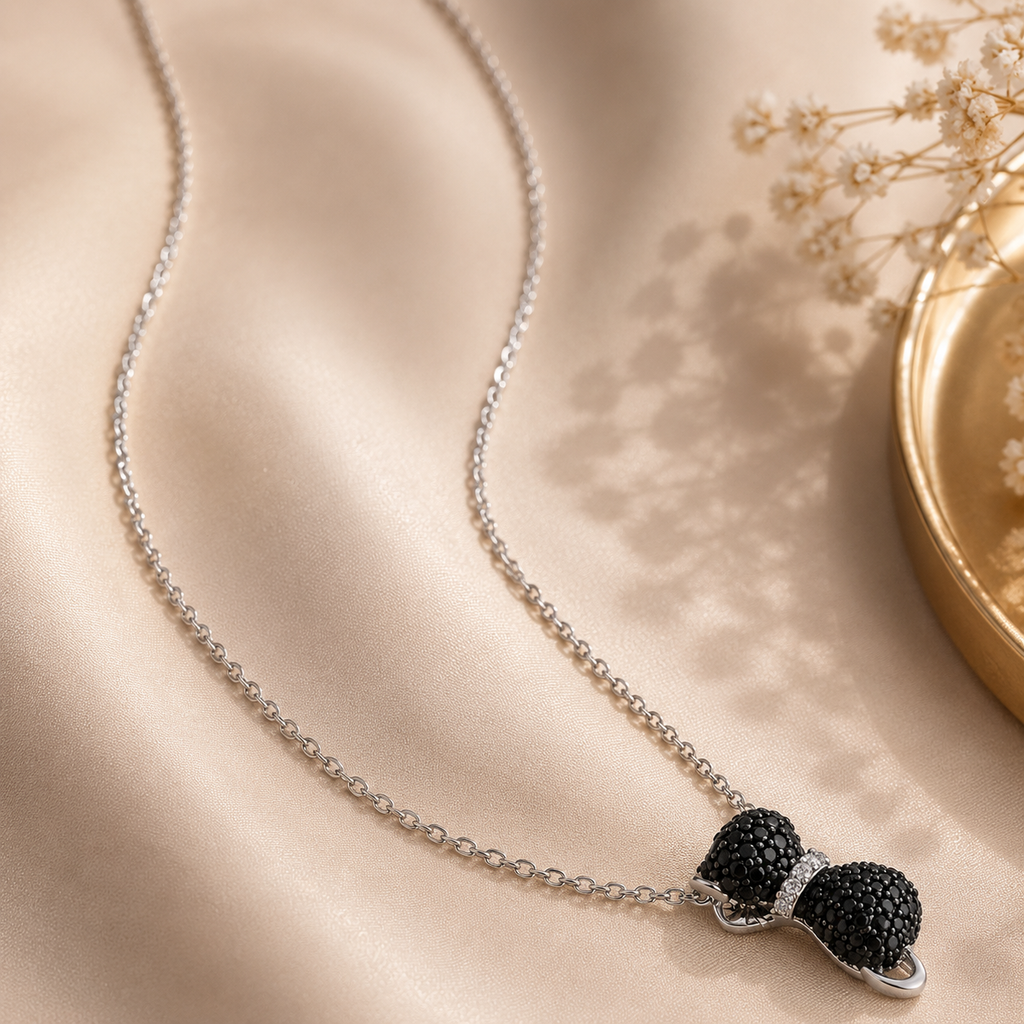 Amour  Black Spinel and Created White Sapphire Kitty Cat Pendant with Chain In Sterling Silver with Black Rhodium