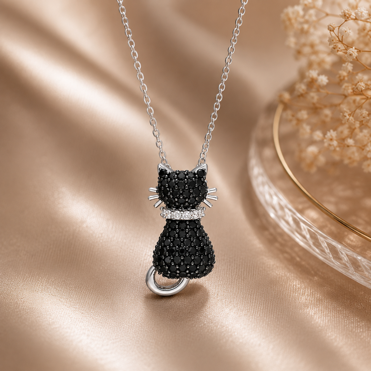 Amour  Black Spinel and Created White Sapphire Kitty Cat Pendant with Chain In Sterling Silver with Black Rhodium