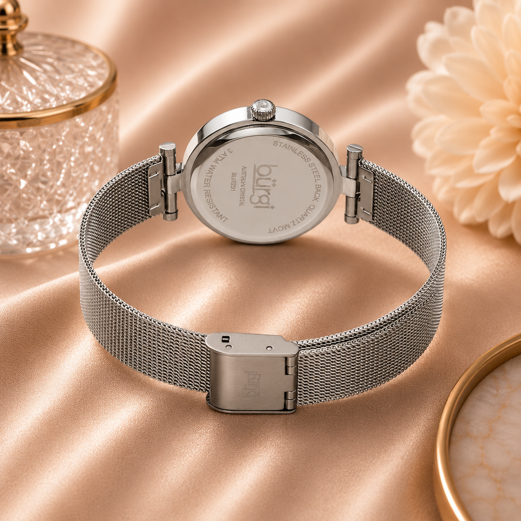 Burgi Silver Pink Dial Stainless Steel Mesh Ladies Watch
