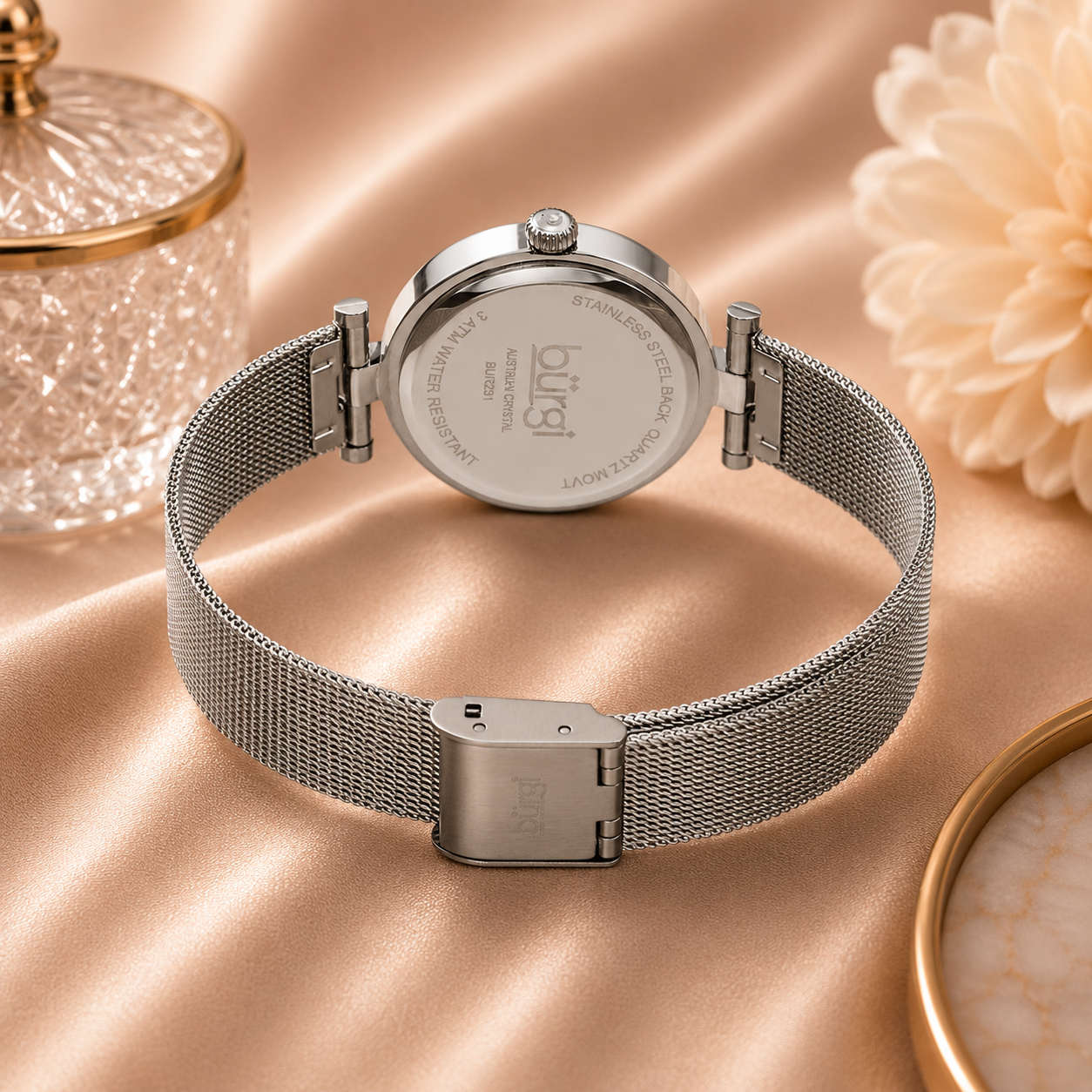 Burgi Silver Pink Dial Stainless Steel Mesh Ladies Watch