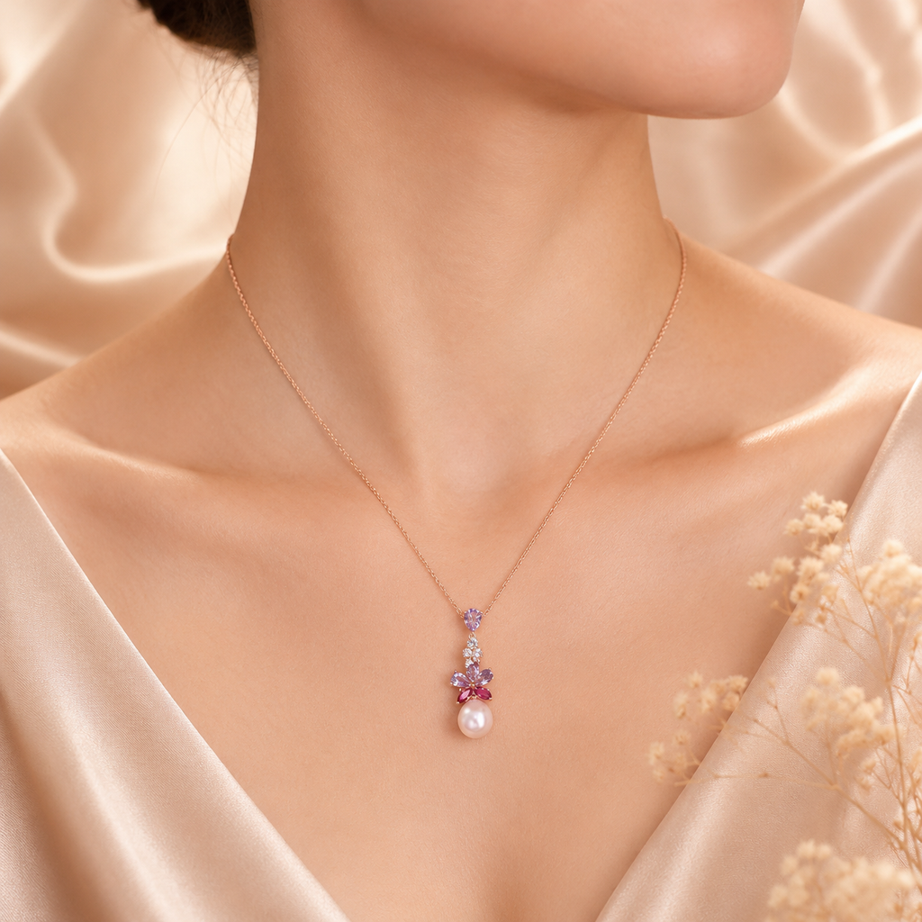 Amour 9.5-10mm Pink Freshwater Cultured Pearl 2 3/8 CT TGW Rose De France and White and Pink Topaz Floral Drop Pendant In Rose Plated Sterling Silver