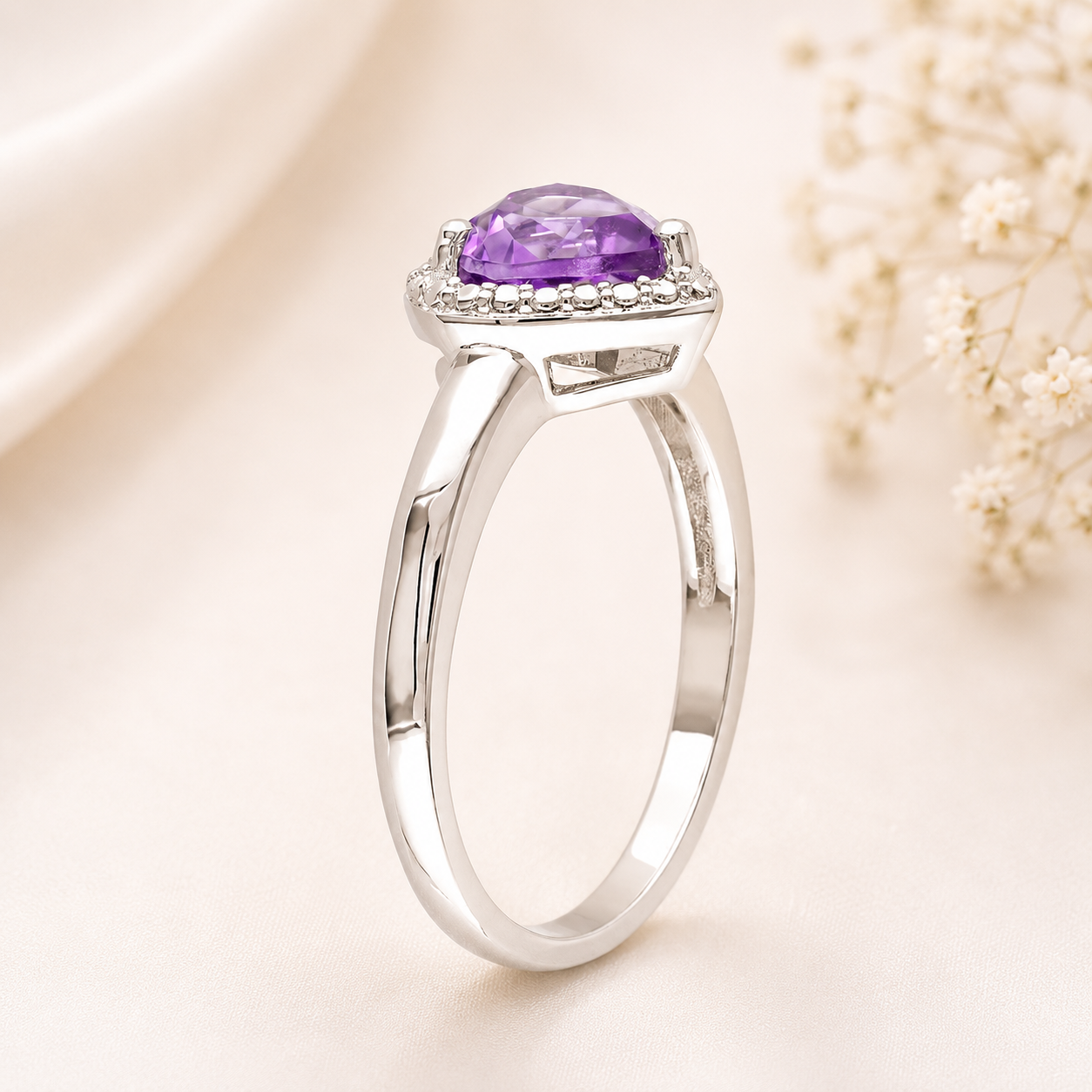 Amour Amethyst Heart Halo Ring In Sterling Silver