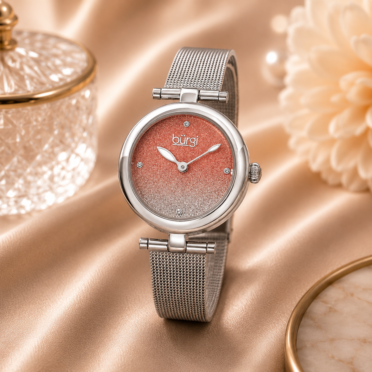 Burgi Silver Pink Dial Stainless Steel Mesh Ladies Watch