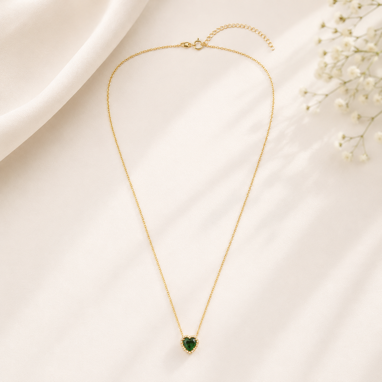 Belacqua Emerald May Birthstone Heart Pendant Necklace in 14K Gold Plated Sterling Silver