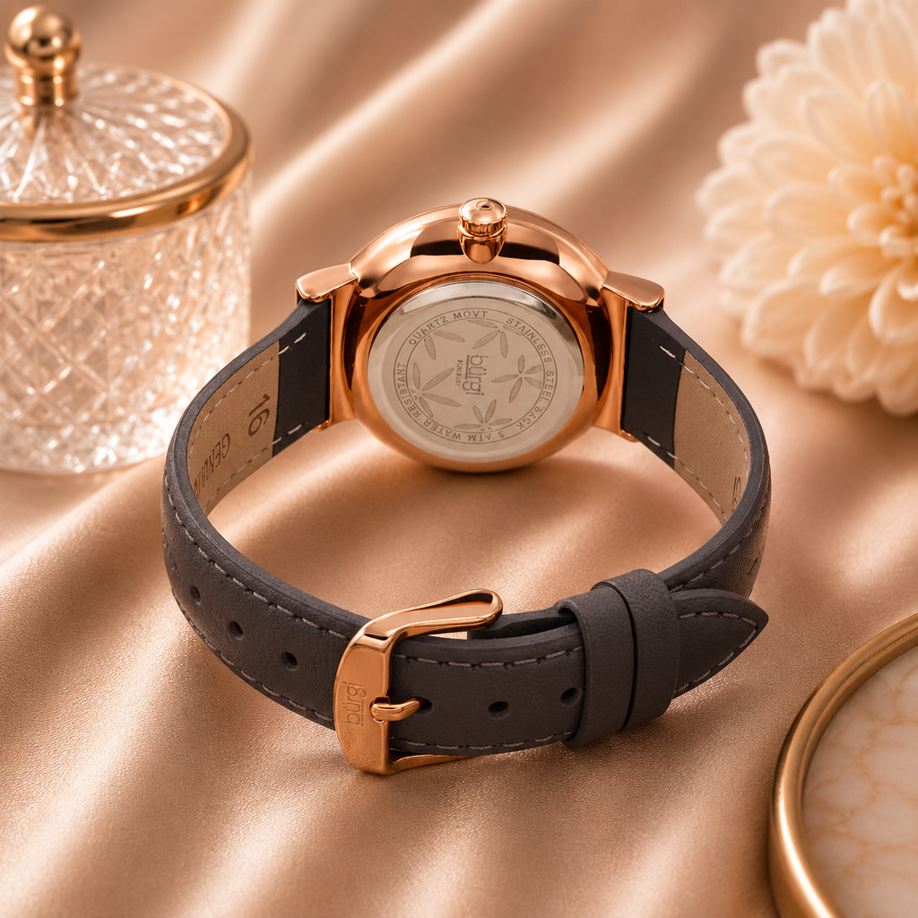 Burgi Grey Dial Grey Leather Ladies Watch